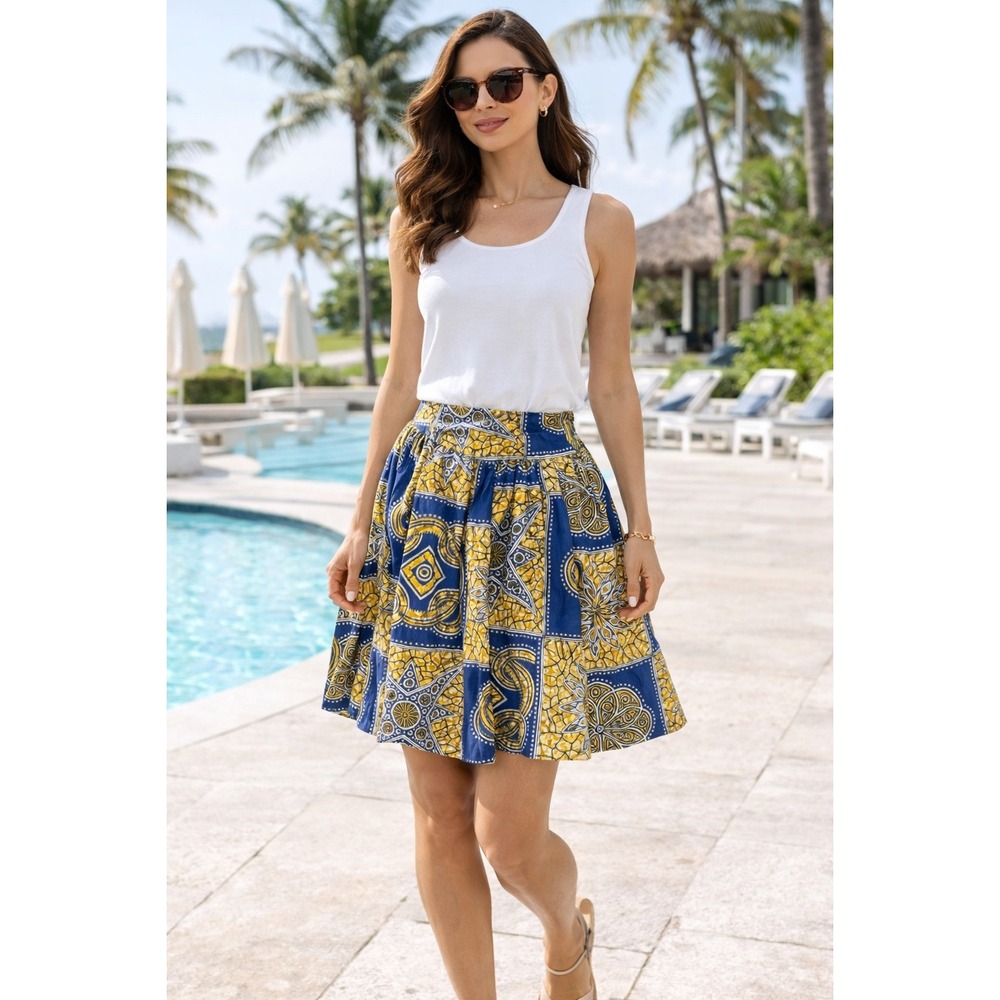 Trashy Diva Lucy Mini Skirt Tiki Batik Print Cotton Poplin Blue Yellow 4